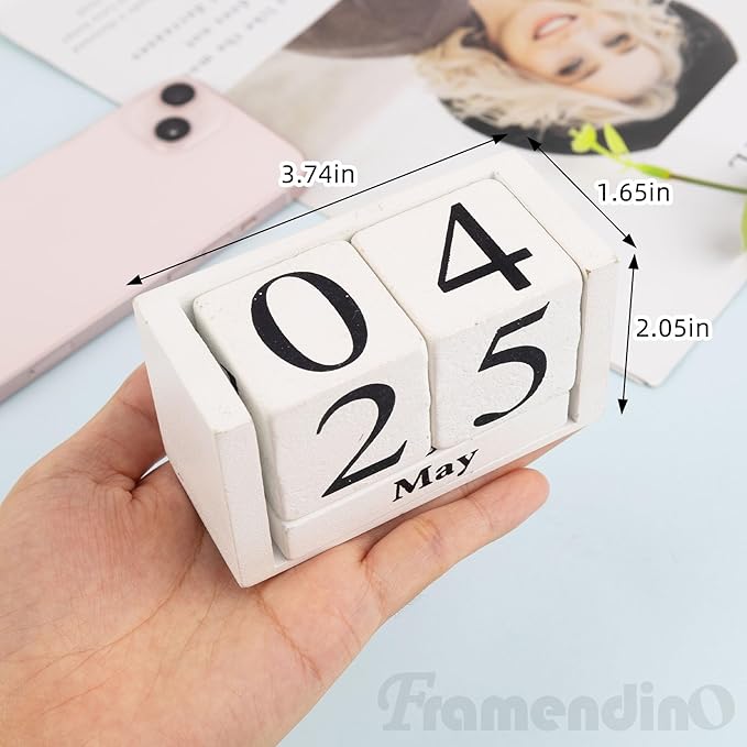Framendino, White Vintage Wood Rustic Block Chic Perpetual Desktop Wooden Cubes Calendars for Home Office Desk Decoration
