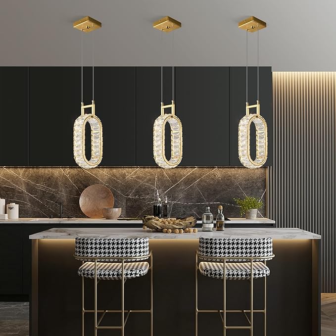 Kitchen Island Mini Light Fixture Modern Led Crystal Pendant Light Gold Oval Chandelier for Dining Room Living Room Kitchen Bedroom Bar（1-Pack