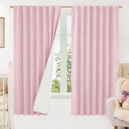 LAMIT 100% Blackout Linen Curtains 63 Inches Long, Linen Textured Living Room Farmhouse Curtains Full Room Darkening Back Tab and Rod Pocket Panels with White Liner, 2 Panels, Pink, 60 x 63 Inch