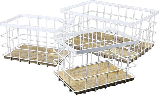 happimess BSK3004B-3SET Evvie Vintage Farmhouse Wire Metal Nesting Storage Baskets with Wood Base for Shelves, Cabinets, Pantry, Countertop, Mesh Open Bin Basket, White/Natural (Set of 3)
