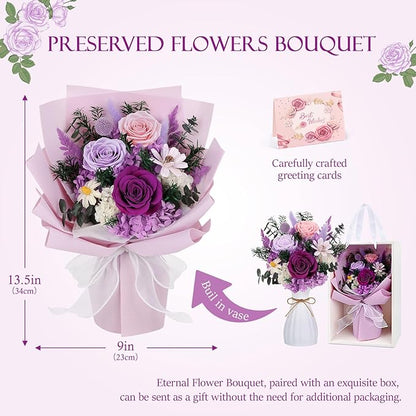 Flowers for Delivery Preserved Flowers with Vase That Last 3-5 Years Real Forever Flowers Purple Rose Bouquet for Mom Birthday Thanksgiving Christmas Gift for Women Grandma Wife Friends Her
