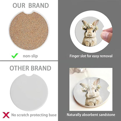 Easter Bunny Car Cup Holder Coaster,Cute Animal Rabbit Car Coasters for Cup Holder,2 PCS Absorbent Insert Ceramic Car Assecories with Cork Back & Finger Notch for Women Men
