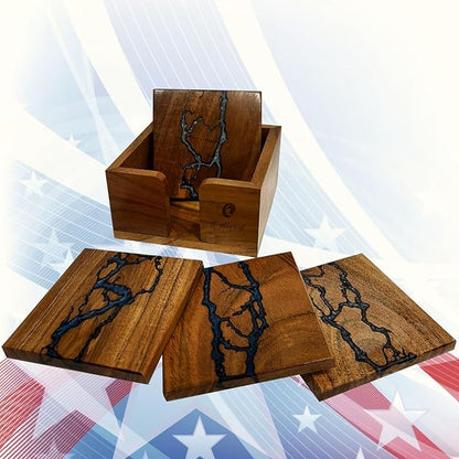 | Beautiful Epoxy Resin and Wood Coaster Set | Ideal for Tabletop Protection | Enhance Your Coffee Table Decor | (Fractal Burning Blue)