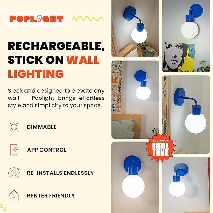 Wireless Wall Sconce (Shark Tank) Rechargeable & Dimmable LED Light w/App Control & Damage-Free Install, Moveable Modern Ambient Lighting for Elegant Home & Bedroom Decor | Blue