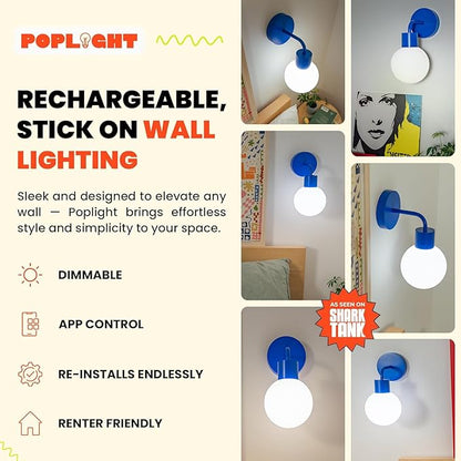 Wireless Wall Sconce (Shark Tank) Rechargeable & Dimmable LED Light w/App Control & Damage-Free Install, Moveable Modern Ambient Lighting for Elegant Home & Bedroom Decor | Blue