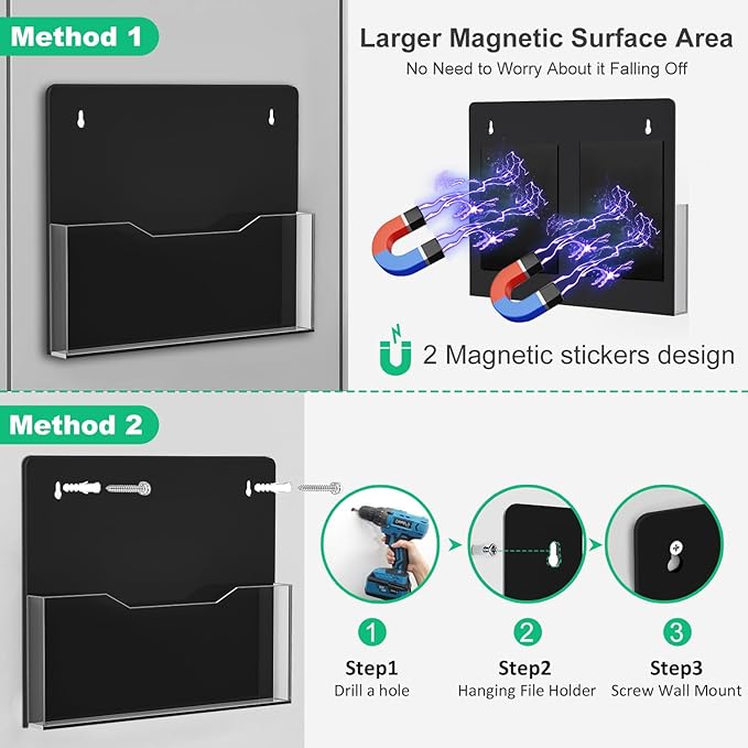ZHIDIAN Acrylic Magnetic Wall File Organizer - Clear Black Acrylic Hanging Wall File Holder, Wall Mount Folder Mail Document Holder for Office, Fridge, Whiteboard, 2Pack