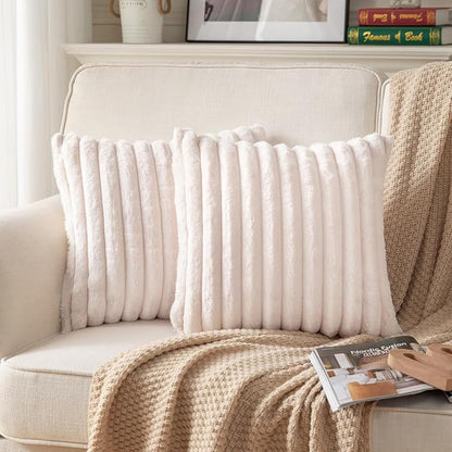DEELAND Pack of 2,Double-Sided Faux Fur Plush Decorative Throw Pillow Covers Fuzzy Striped Soft Pillowcase Cushion Covers for Sofa Couch Bedroom Beige 22x22 inch
