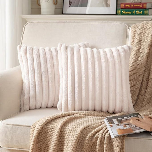 DEELAND Pack of 2,Double-Sided Faux Fur Plush Decorative Throw Pillow Covers Fuzzy Striped Soft Pillowcase Cushion Covers for Sofa Couch Bedroom Beige 26x26 inch