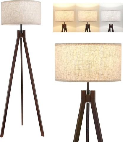 ELYONA Wood Tripod Floor Lamp for Bedroom, 3 Color Temperatures & Linen Shade, Modern Reading Standing Lamp with 9W LED Bulb, Mid Century Night Light for Farmhouse, Living Room, Office, Walnut