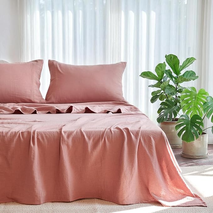 King Sheet Set Cotton Bed Sheets Gauze 4 Pcs Mocha Brown King Sheets Set 16" Deep Pocket Sheet & Pillowcase Sets Boho Muslin Sheets King Size Soft All Season Bedding Sets