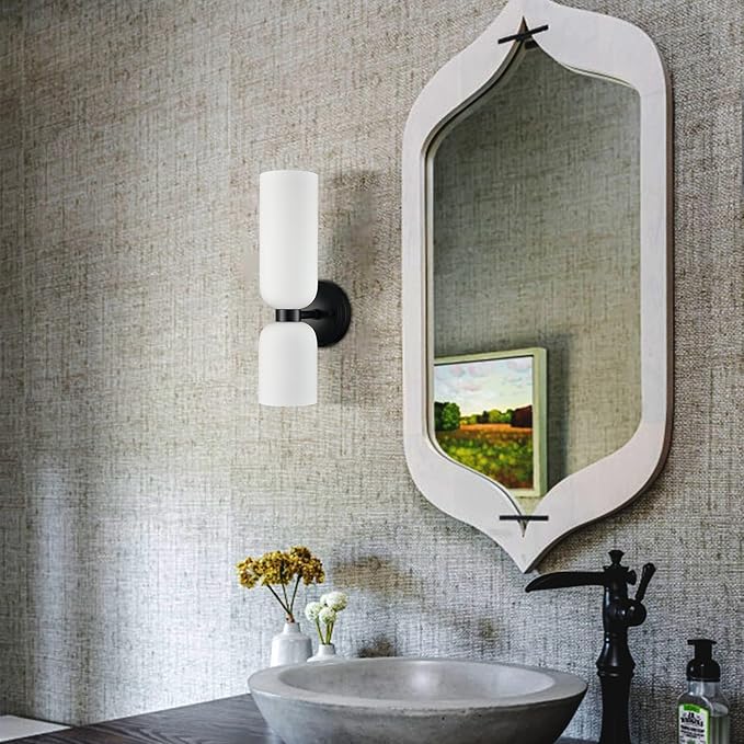 Black Wall Sconces Set of Two 2-Light Modern Wall Light Bathroom Vanity Light,Milky White Glass
