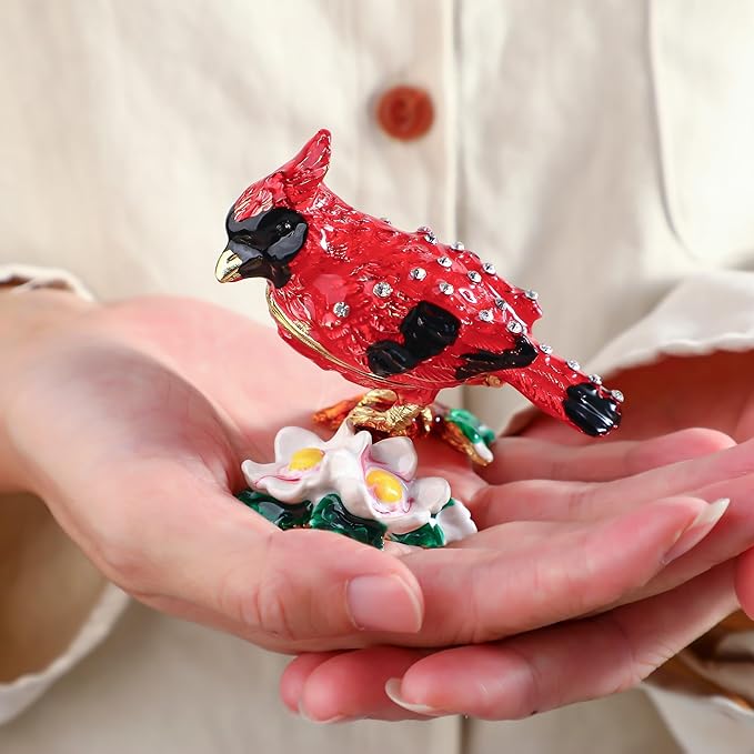 YU FENG 3.1inch Cardinal Bird on a Branch Trinket Box Animal Enamel Jewelry Trinket Box Small Hinged Trinket Boxes Bird Figurine Ring Box Christmas Gift for Daughter Girl