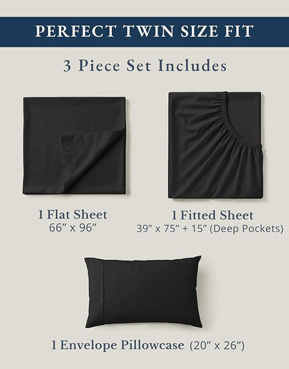 LANE LINEN 100% Organic Cotton Twin Bed Sheet Set, 3 Pc Twin Size Sheets Set, Soft & Breathable Twin Sheet Set Boys, Hotel Style Bedding Sheets & Pillowcases, 15" Deep Fitted Sheet - Black