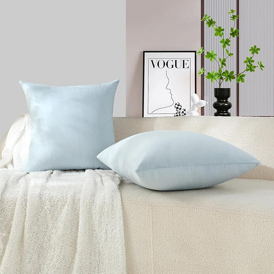 mixeoo Comfy Baby Blue Decorative Throw Pillow Covers Square Velvet Super Soft Couch Cushion Cases for Living Room Sofa Decor, Set of 2, 18 x 18 Inch