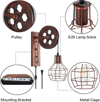 Plug in Wall Sconce Rustic Wall Light Lift Pulley Matte Iron Cage Shade Industrial Mid Century Wall Lamp Indoor Lighting Barn Restaurant Wine Cellar(Rust Color)