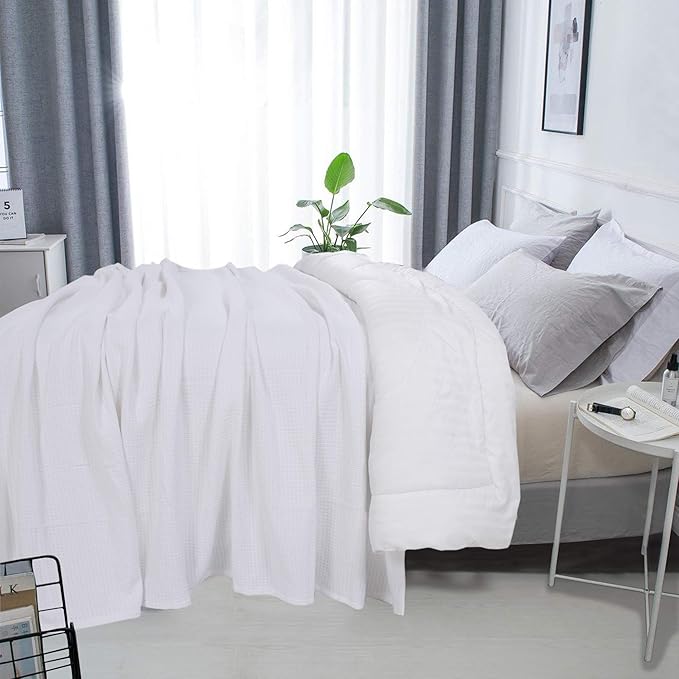 DOLLCENT 100% Cotton California King Size Blanket for Bed, Premium Combed Lightweight Blankets, Washed Breathable Cozy Throw Blanket, White Cal King Cotton Blankets for All Season: White (102"x108")