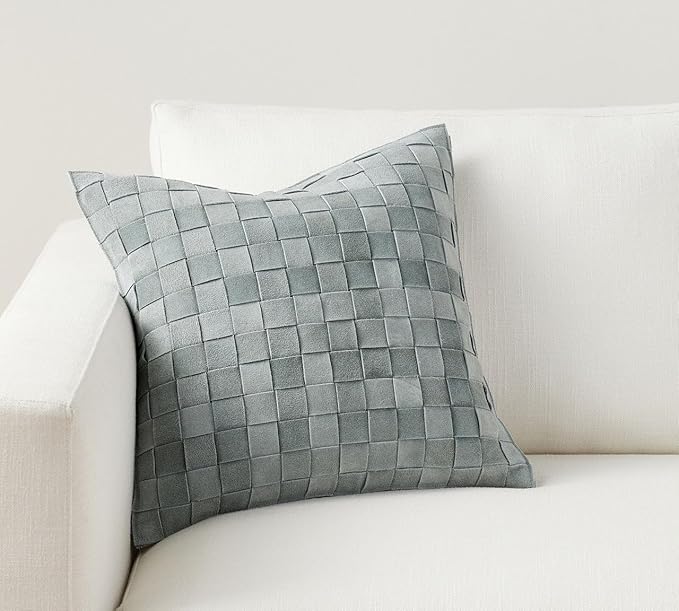 Genuine Lamb Leather Cushion Pillow Cover - Luxury Leather Pillow Case - Modern, Boho, Farmhouse Home Decor - Bedroom Couch, Living Room, Sofa Bed (Basketweave - Chambray, 18" x 18")