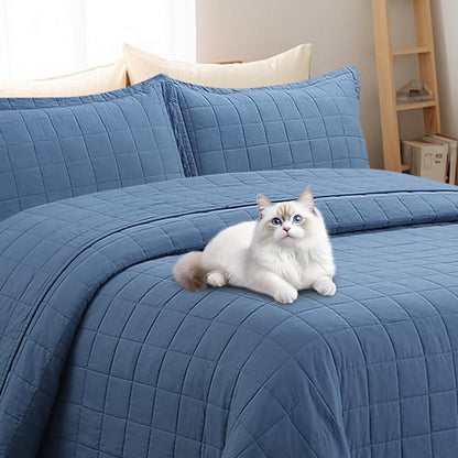 Quilt Queen Size Bedding Sets - 100% Cotton Lightweight Luxury Comforter Set, Full Size Stitching Bedspreads Coverlet with 2 Pillowcase Suit for All Season, Blue