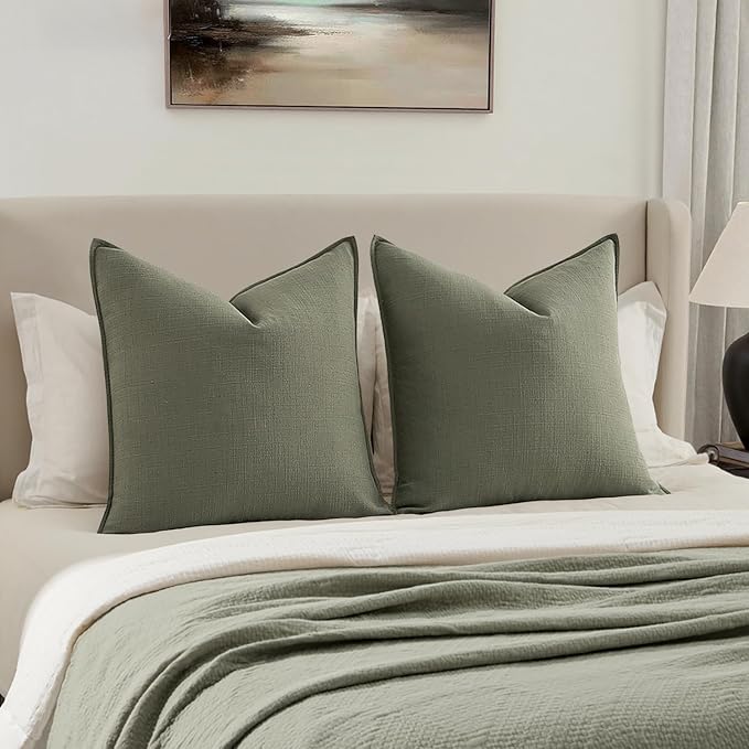MIULEE Euro Sham Pillow Covers for Bed 24x24, 2 Pack Olive Green Thick & Textured Decorative Throw Pillow Covers, Neutral Linen Cushion Cases, Modern Farmhouse Home Decor, No Filling