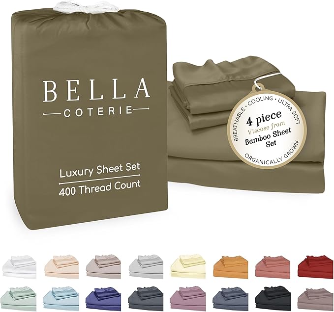 Bella Coterie Luxury Bamboo Viscose 34” Split Top King Size Sheet Set | 1 Fitted Sheet for Sleep Number & Adjustable Beds | 100% Organically Grown | Cooling & Soft | 18” Deep Pocket [Olive]