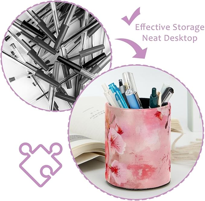 Pen Holder for Desk, Pink Cherry Blossoms Japanese Pattern Round Leather Stand Pencil Cup Office Desk Organizer for Women Men Teachers, 3.9 x 3.9 x 3.1 inches