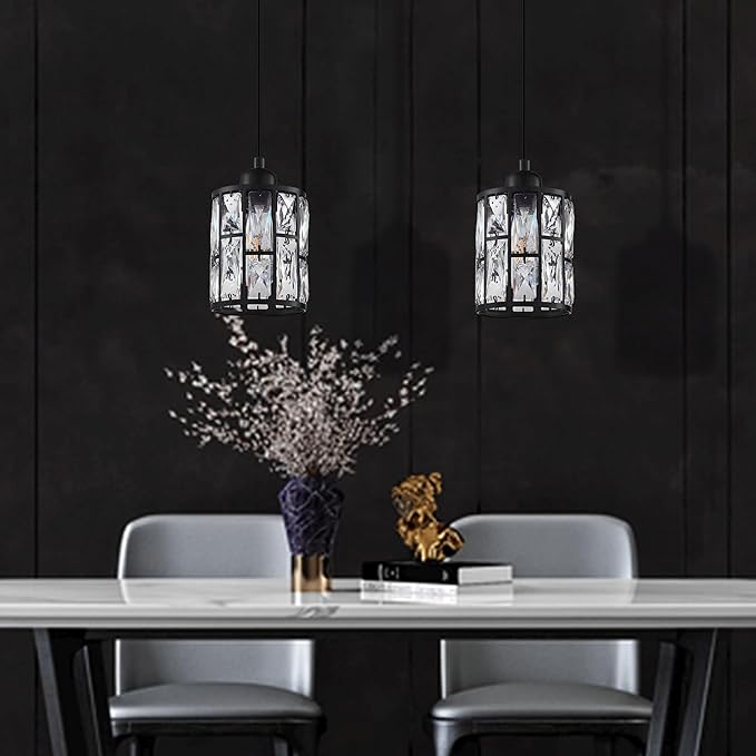 3 Pack 1 Light 5.3" Crystal Hanging Kitchen Island Pendant Light Black Finish,Concise Pendant Fixture Crystal Plate Metal Shade for Bar,Dining Room,Living Room Over Sink