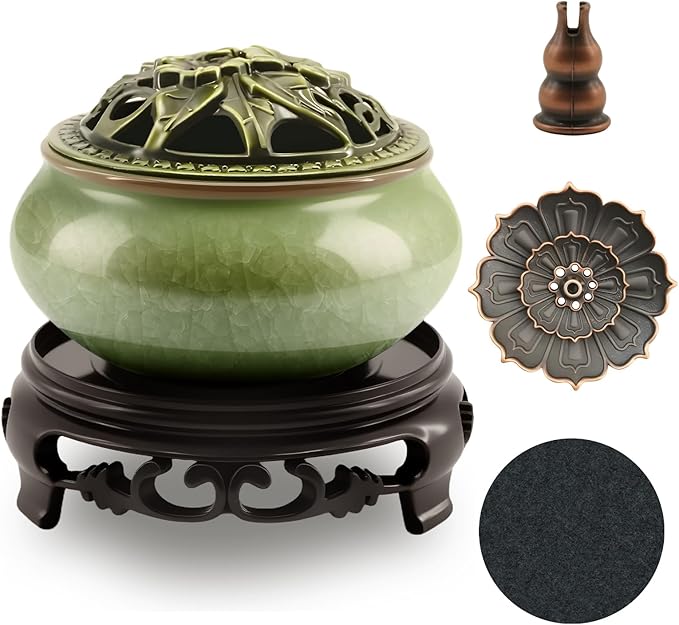 Ceramic Incense Burner with Lotus Incense Holder, Multi-Functional Incense Burner Holder for Incense Sticks, Coil Incense and Cones, Perfect Home Decor