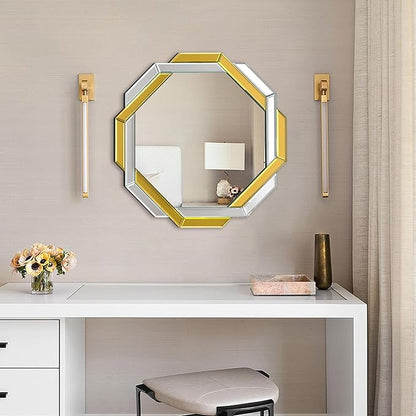 Gold Bathroom Mirror-20”X20” Helicoid Wall Mirrors Decorative,Hexagon Beveled Edge Frameless Mirror for Wall Bathroom, Vanity Room, Bedroom, Living Room and Enterway
