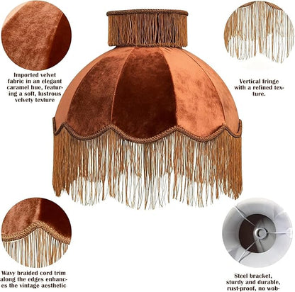 Caramel-colored velvet fringe lampshade 7.8" Top x 17.7" Bottom x 13.4" High x 15 Slant"- Large Dome with Scalloped Edge & Fringe Tassels, for Table/Floor Lamps (1, Caramel, Large)