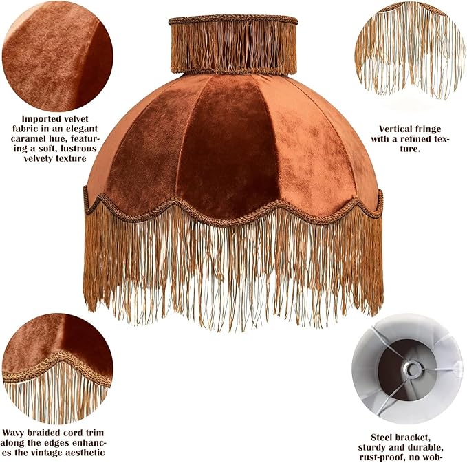 Velvet Shade with Tassel, Caramel, Handmade Dome Design for Floor Lamp and Table Lamp (2, Caramel, Large)