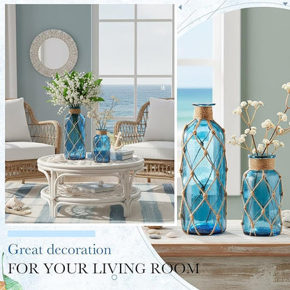 Chuangdi Set of 2 Coastal Glass Vases Christmas Vases for Flowers with Boho Rope Christmas Centerpieces for Tables Small Beach Bottle for Nautical Wedding Floral Arrangement Decorations(Navy Blue)