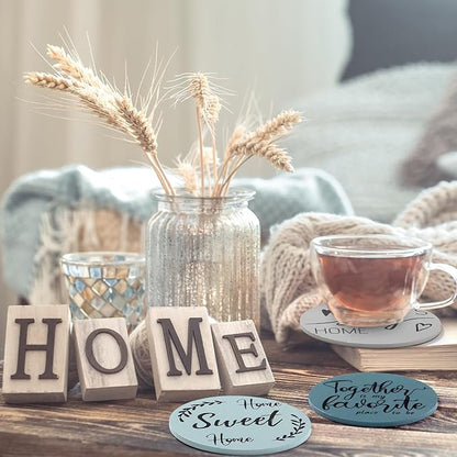 Queekay Coasters Set of 6 House Warming Gifts New Home Wooden Farmhouse Drink Coasters with Holder 4'' Funny Decoration for Kitchen Family Coffee Bar Tabletop Protection(Gray Blue)