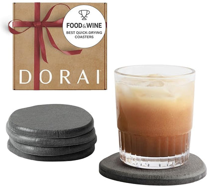 Dorai Home Stone Coaster Set – 4 Absorbent Diatomite Coasters for Instant Drying, Modern Design, Slate Stone