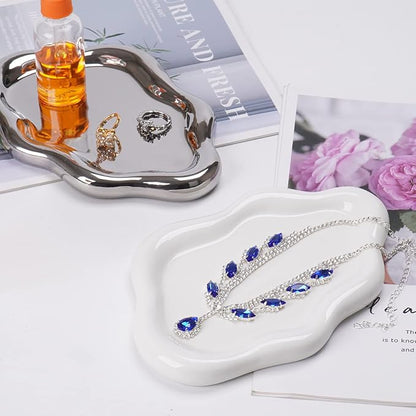 Ceramic Jewelry Tray Dish for Ring Key Trinket, Cute Cloud Shape Decorative Jewelry Plate Holder Room Decor Aesthetic Gift (White)