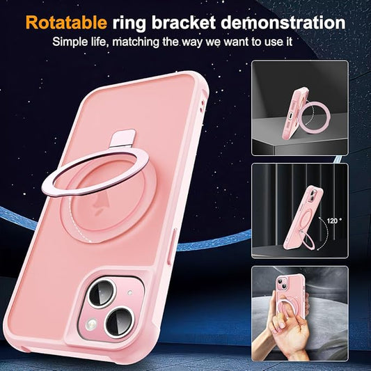 Compatible with iPhone 15 Case with Invisible Magnetic O-Ring Stand Military-Grade Translucent Case for iPhone 15 6.1" [Compatible with Mag-Safe][Great Grip Feeling], Pink