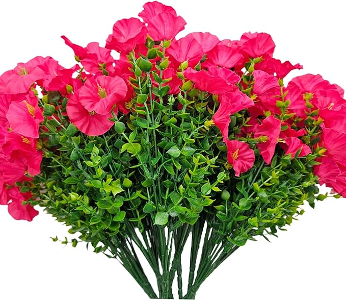 Artificial Silk Flowers for Outdoor Decoration,12 Bundles Faux Flowers Colorful Morning Glory with Eucalyptus Fake Plants Greenery UV Resistant for Outside Front Door Planter Porch Patio Yard