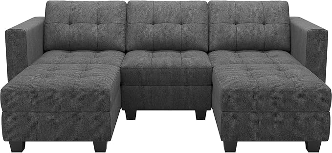 Belffin U-Shaped Sectional Sofa, Dark Grey, Wood and Polyester, 58"(D) x 90"(W) x 33"(H), Reversible Chaise, Storage, Easy Assembly