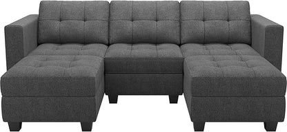 Belffin U-Shaped Sectional Sofa, Dark Grey, Wood and Polyester, 58"(D) x 90"(W) x 33"(H), Reversible Chaise, Storage, Easy Assembly