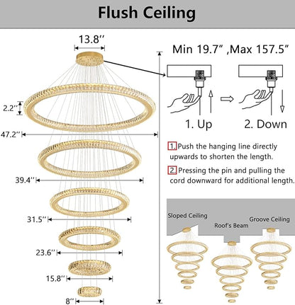Modern Chandelier 8"+16"+24"+32"+40"+47" 6 Rings Crystal LED Dimmable Lighting Foyer Entryway High Ceiling Living Room Chanderliers Pendant Lights Fixtures Silver Light