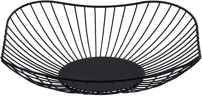 IBWell Short Curved-Edge Modern Creative Stylish Single Tier Dish,Metal Iron Wire Fruit Vegetables Bread Decorative Stand Serving Bowls Basket Holder (Square Dish) (Black)