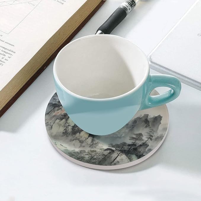Round-4PCS Forest Drink Coasters,Modern Ceramic Absorbent Coasters, Watercolor Japan China Style Nature Mountain Woodland Green Forest Decor Desk Coffee Table Coaster for Beverage Cup Tea Coasters