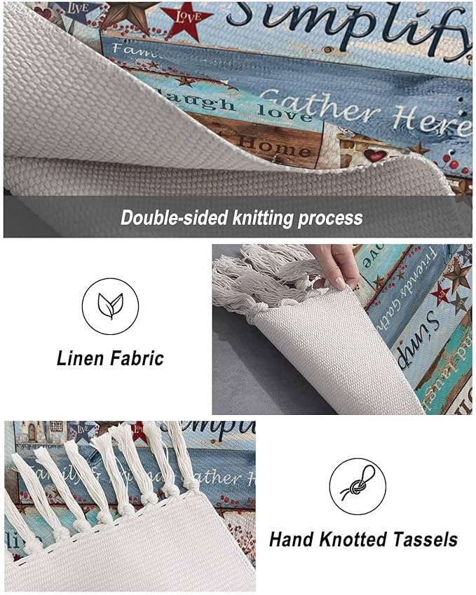 Turquoise Blue Brown Entryway Rug 2X3 Ft Bathroom Mat, Washable Woven Vintage Barn Rustic Cabin Throw Carpet with Tassel, Non-Shedding Country Star Farm Wooden Plank Indoor Outdoor Kitchen Doormats