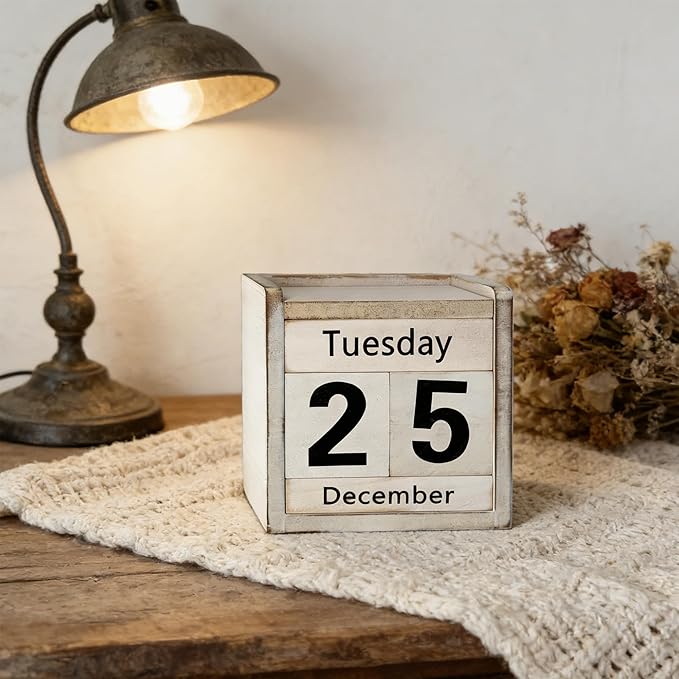 Rustic Wooden Perpetual Block Calendar Daily Desk Calendar for Coffee Table Decor Teachers Students Classroom Office Accessories Farmhouse Entryway Bookshelf Decoration