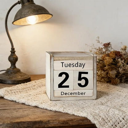 Rustic Wooden Perpetual Block Calendar Daily Desk Calendar for Coffee Table Decor Teachers Students Classroom Office Accessories Farmhouse Entryway Bookshelf Decoration
