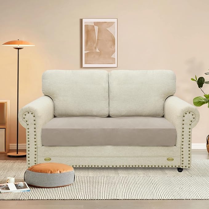 MAXIJIN Velvet Stretch Couch Cushion Covers Soft Loveseat Cushion Cover Replacement Sofa Seat Cushion Slipcovers RV Protector with Elastic Bottom (1 Piece Loveseat Cushion Cover, Khaki)