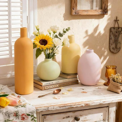 Macaron Ceramic Vase Set of 4, Modern Colors Home Decor, Rustic Farmhouse Decorative Flowers Vases for Bouquet, Pampas | Table Mantel Centerpiece Bookshelf Living Room Bedroom (Rustic Mix Set of 4)
