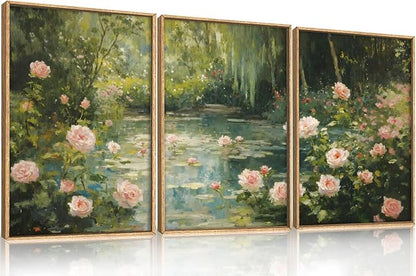 Watercolor Flower Tree Framed Canvas Wall Art Set,Natural White Pink Rose Wildflower Wall Decor,Vintage Dark Green Botanical Artwork for Living Room, Bedroom,Farmhouse- 16"x24"x3