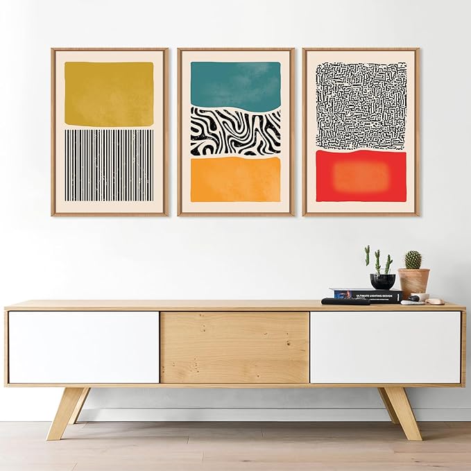 HLNIUC Large Mid Century Modern Wall Art Framed 24x36, Boho Abstract 3 Piece Canvas Decor, Mcm Vintage Bohemian Color Block Painting, Geometric Line Art Print for Living Room, Bedroom, Office