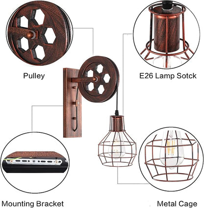 Industrial Wall Sconce 1-Light Rustic Mid Century Wall Light with Matte Iron Cage Lampshade for Indoor Lighting Barn Restaurant Wine Cellar(Rust Color)