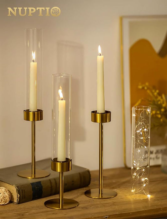 NUPTIO Candlestick Holders for Table Centerpiece: Set of 3 Gold Candle Sticks Holder with Clear Glass Hurricane - Tall Brass Taper Candle Holders for Outdoor Wedding Birthday Decor